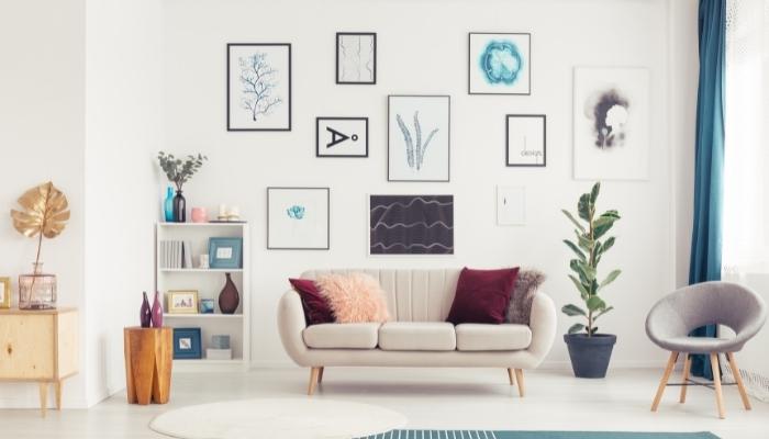 Living room with lots of local art