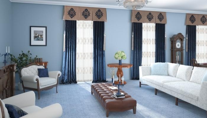 Living room with rich fabrics and durable materials