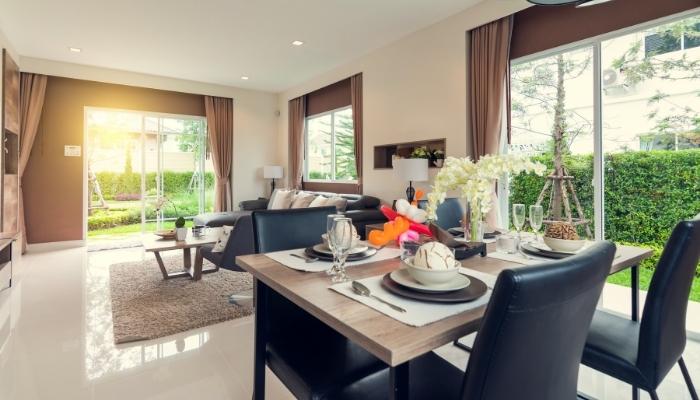 Living room and dining room with mid-century modern elements