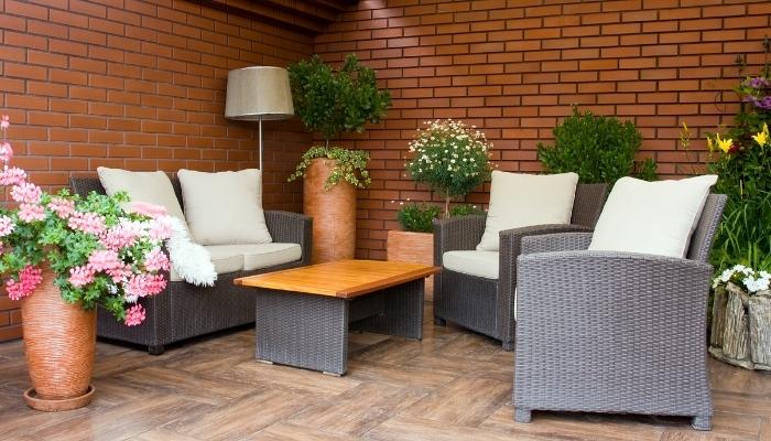 Outdoor furniture under extended eaves