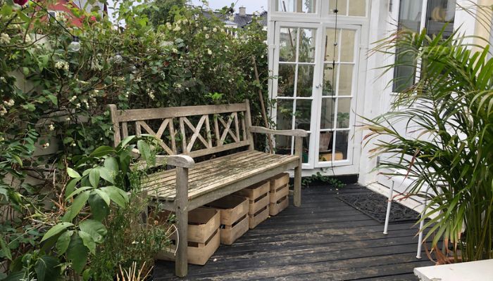 patio with storage boxes