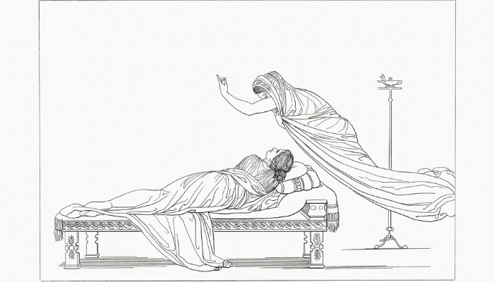 Drawing of a scene from the Odyssey, with a woman on a chaise lounge