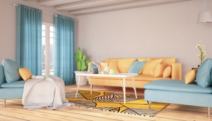 Living room with bright, bold colors