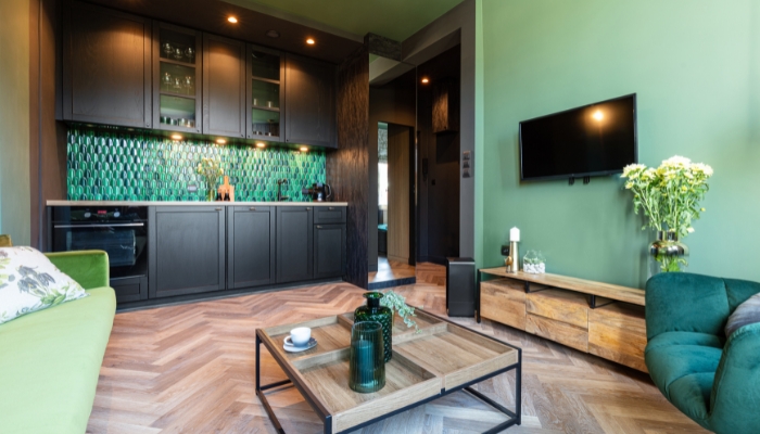 Living space with storage tables