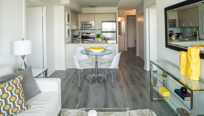 Living space with glass furniture