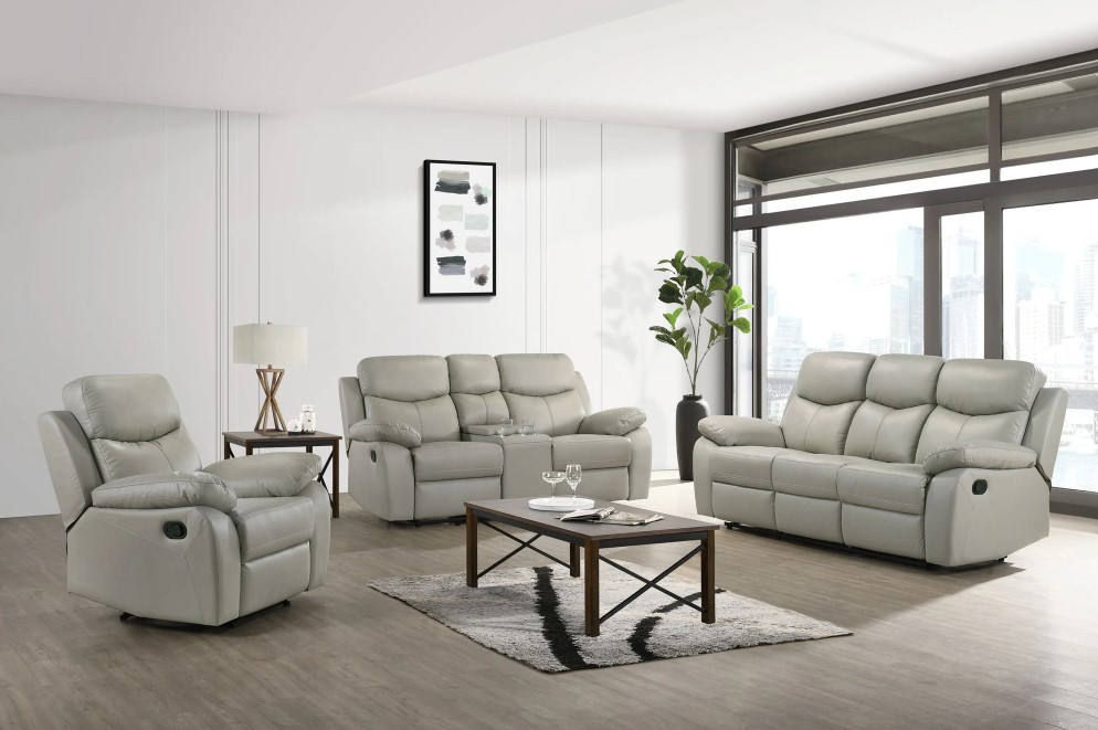 grey leather sofa set in a modern living space 