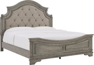 front view of the Signature Design by Ashley® Lodenbay Antique Gray King Panel Bed with tufted upholstery