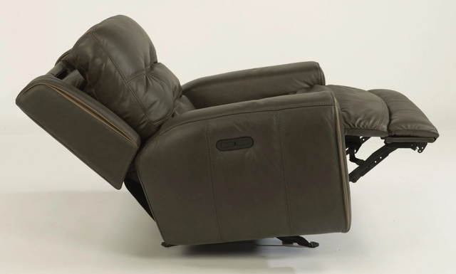 side view of a brown leather Flexsteel recliner, fully reclined, on a white background