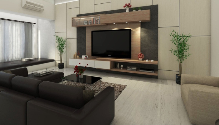 A living room layout with soft lighting and curtains to reduce glare