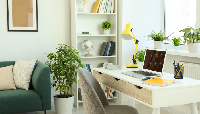 A home office that lets in natural light to highlight the colors