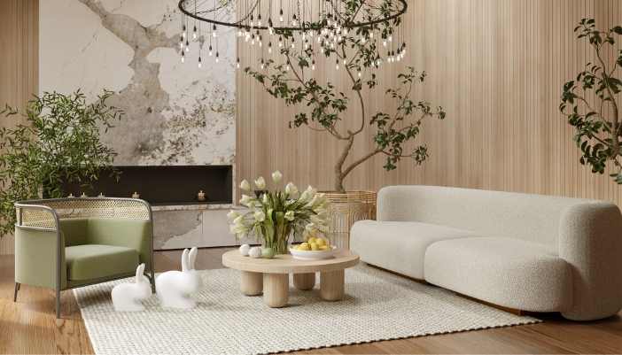 A living room with natural materials and breathable fabrics