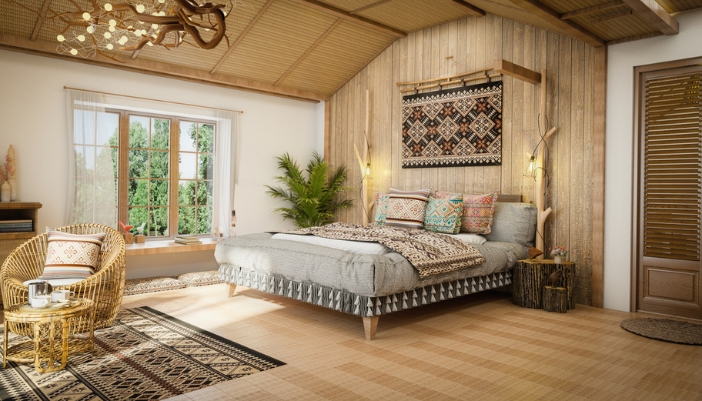 A Moroccan-inspired bedroom with lots of abstract textiles
