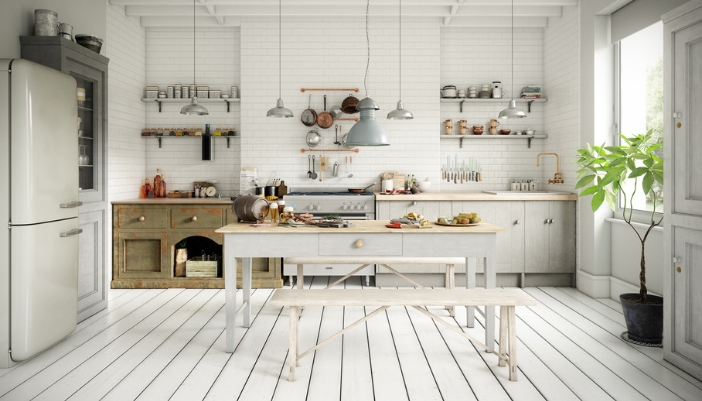 A white kitchen with white appliances, wooden accents, and a dining room table.