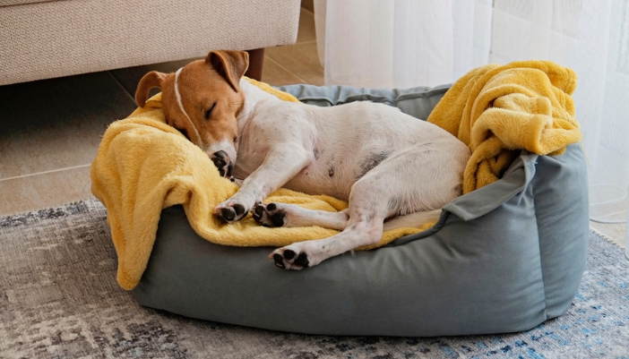 A small brown and white dog lays in a teal dog bed on a wooden floor.
