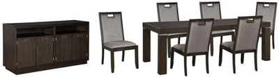 front view of the Signature Design by Ashley® Hyndell 8-Piece Dark Brown Dining Set