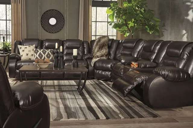 front view of a large leather sofa in a modern living room