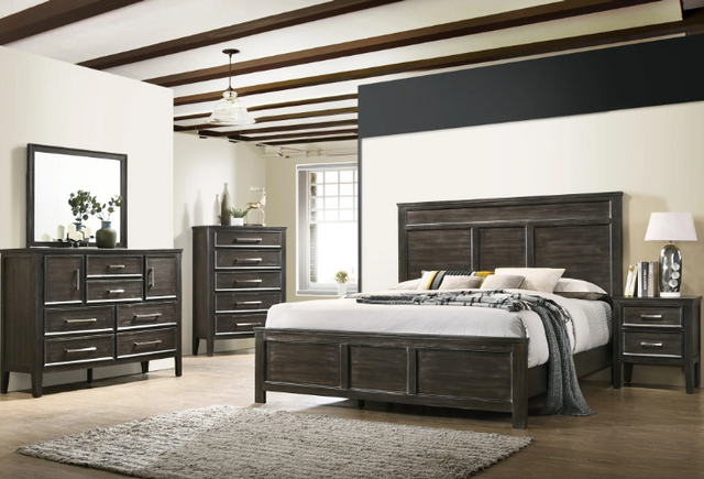 front view of a transitional bedroom with the New Classic® Home Furnishings Andover 3-Piece Nutmeg Eastern King Panel Bedroom Set