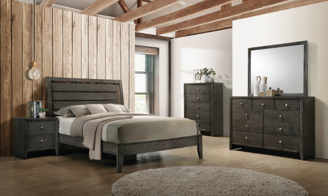 front view of a rustic bedroom with the Coaster® Serenity 5-Piece Mod Grey Eastern King Panel Bedroom Collection