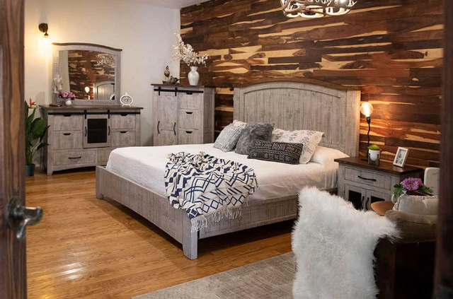 front view of a farmhouse style bedroom with the International Furniture Direct Pueblo Gray 4-Piece Light Gray Eastern King Bedroom Set