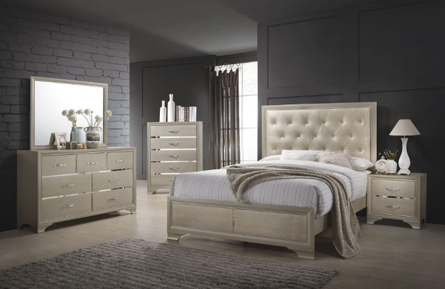 front view of a transitional bedroom with black brick walls and a sleek beige king bedroom set