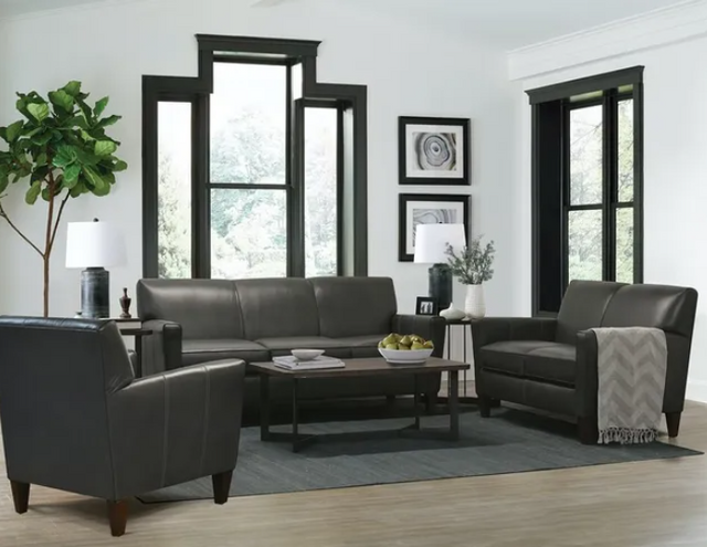 front view of a contemporary living room with black leather furniture