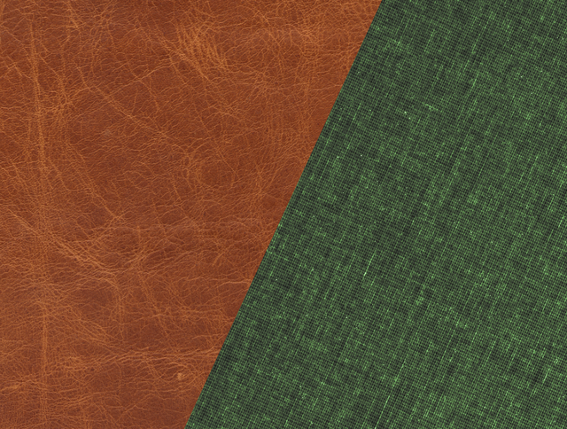 infographic showing a caramel colored leather on one side, and a green fabric on the other side, comparing the textures of the two