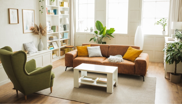 A brightly lit, cozy living room with a rectangular white coffee table and earthy tone furniture.