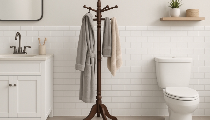 Bathrobes and towels hang from a coat rack in a subway tile bathroom.