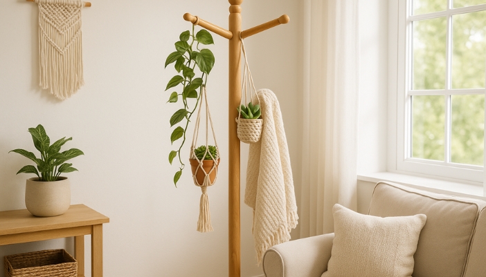 Small potted plants hang from macrame baskets on a coat rack in a living room.