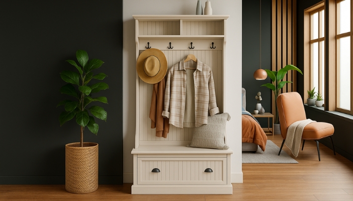 A hall tree rests in a bedroom with the next day’s clothing hanging from the hooks.