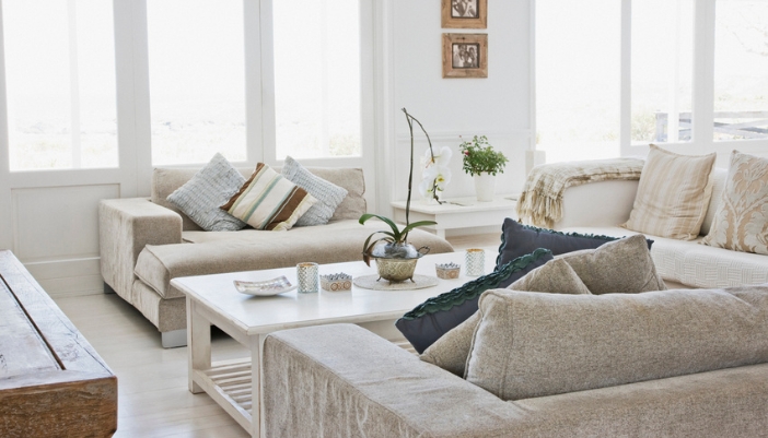 Two loveseats face each other in a bright, cozy living room.