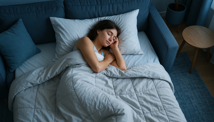 A woman sleeps on a blue sleeper sofa with the bed part pulled out.