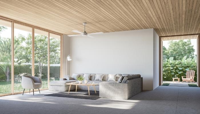 Grey couch with neutral design style