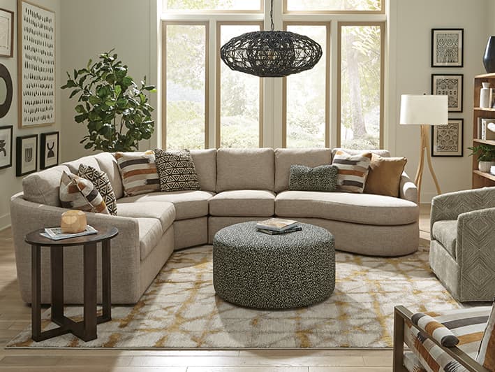 modern casual living room with gallery wall