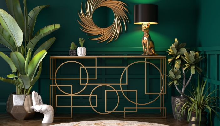 A nook with geometric shapes, brass accents, and other Art Deco elements