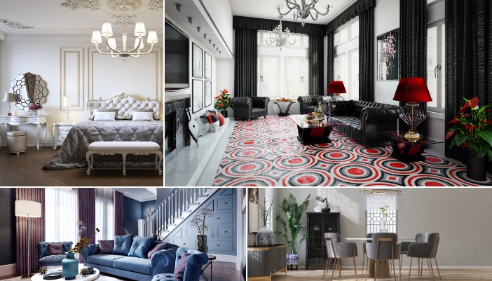 A collage of different rooms with Art Deco style furniture pieces