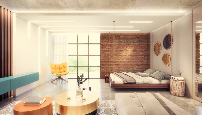 A contemporary bedroom with a  mix of Bohemian and Art Deco styles