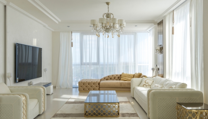 TV mounted on the wall in stylish living room