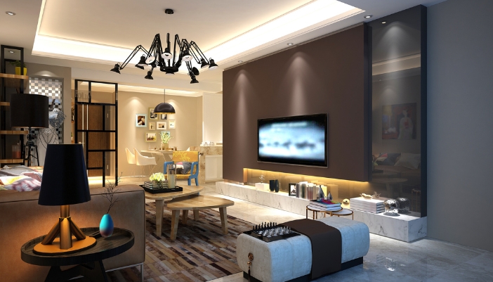 Living room with curved furniture and ambient lighting
