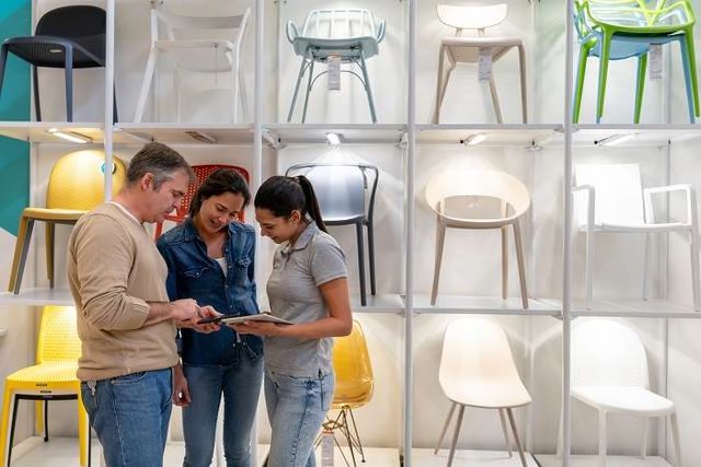 view of a saleswoman and a couple all looking at a clipboard in a furniture store in front of a wall of chairs