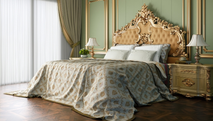 An Italian Renaissance-inspired bedroom with gold accents