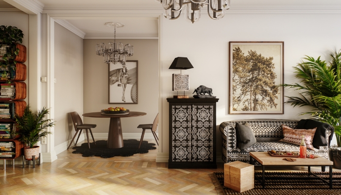 A living space with a mixture of patterns in different textures