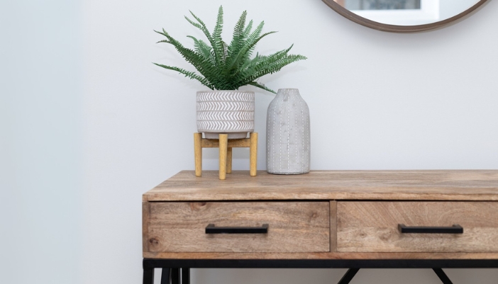A wooden console table with two drawers and a plant on top.