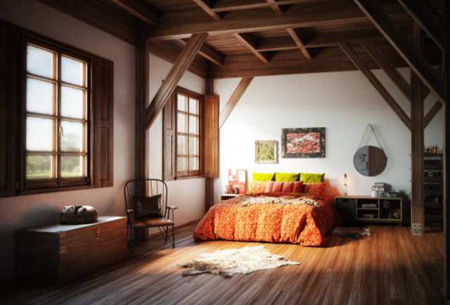 front view of a rustic bedroom