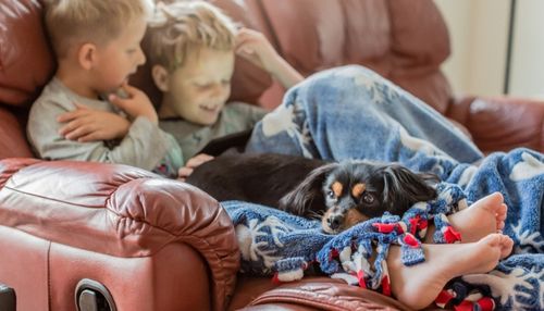 Relacing on Sectional Recliner 2 Boys Laying on a Couch with Dog