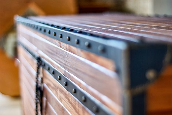 A close-up of a rustic chest