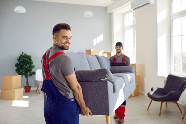 Two men smiling while moving a sofa 