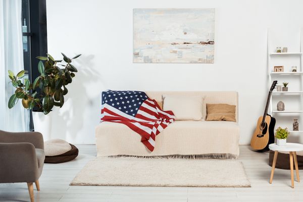 A living room featuring a sofa draped with an American flag 
