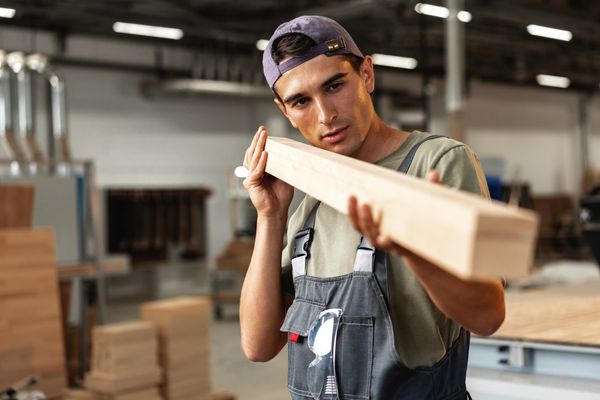 A young woodworker inspecting a piece of wood 