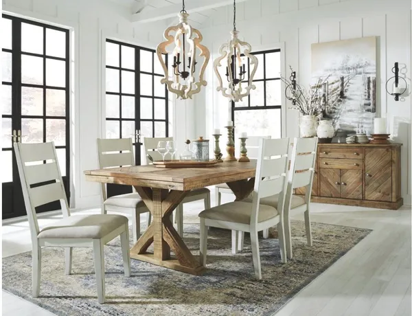 A farmhouse style dining room outfitted with modern furniture